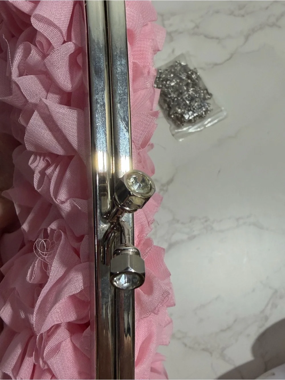 Pink Ruffle Evening Clutch/Crossbody Crystal Embellished Kiss-Lock Handbag